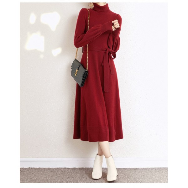 Design Sense Flipped High Neck Knit Dress 2023 Autumn/Winter New Loose Swing Mid Length Woolen Dress