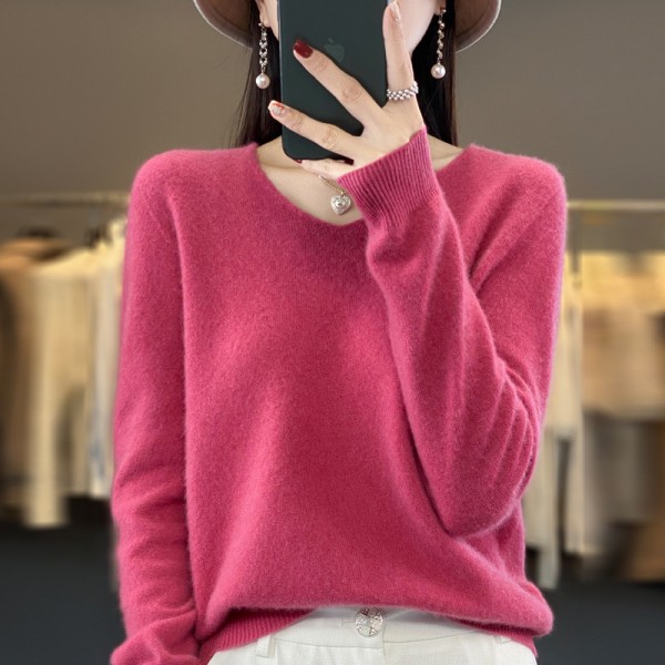 One Line Ready-To-Wear Pure Wool Sweater 2023 Autumn/Winter Women's V-Neck Loose Short Solid Color Cashmere Bottom Sweater Knitted Sweater