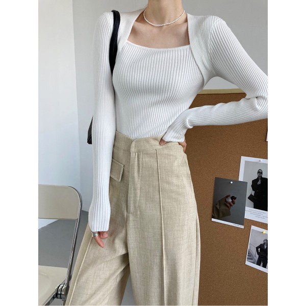 Lu Xi Autumn Long Sleeve Square Neck Knit Shirt Women's Slim Fit Show Slim Open Collar False Two Piece Bottom Top SS066