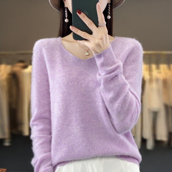 One Line Ready-To-Wear Pure Wool Sweater 2023 Autumn/Winter Women's V-Neck Loose Short Solid Color Cashmere Bottom Sweater Knitted Sweater