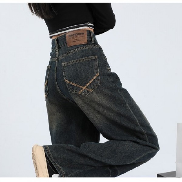 Autumn And Winter Vintage High Waist Wide Leg Jeans Women's Small American High Street Dark Vintage Straight Leg Pants