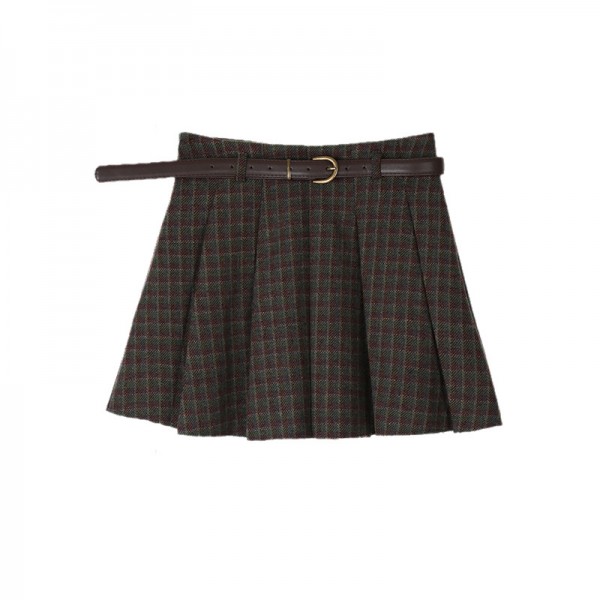 NEIHE Nehe Autumn/Winter Maillard Age Reducing A-Type Plaid Pleated Skirt Half Length Short Skirt Women's Belt 230955