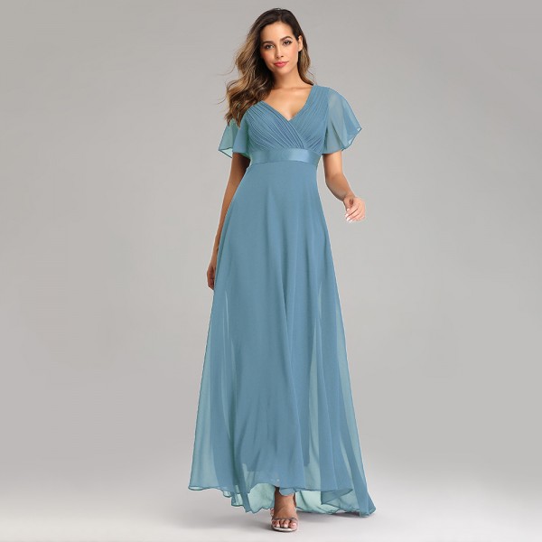 23 Spring/Summer Handmade Folded Big Swing Double V-Neck Flare Sleeve Dress Elastic Chiffon Banquet Bridesmaid Large Evening Dress