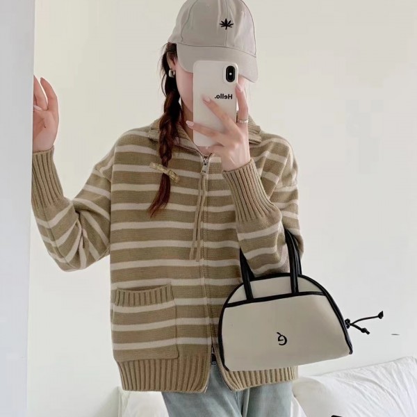 Stand Up Collar Design, Striped Contrast Color Zipper, Long Sleeved Knitted Cardigan For Women In Autumn And Winter, Loose And Lazy Style, Sweater Jacket Trend