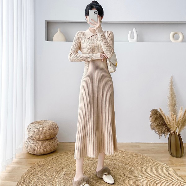 Korean Version Of Skirt With Waistband And Slimming Effect, New Autumn Knitted Over Knee Dress, Female Celebrity Temperament Sweater, Women's Dress