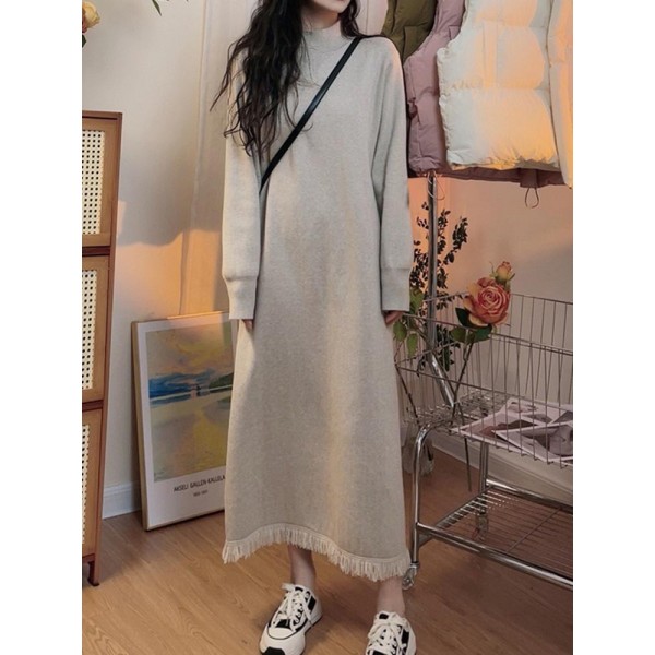 Knitted Woolen Dress For Women 2023 New Autumn/winter Korean Version Loose Fitting Half High Neck Dress With Tassels And Bottom Skirt Trend