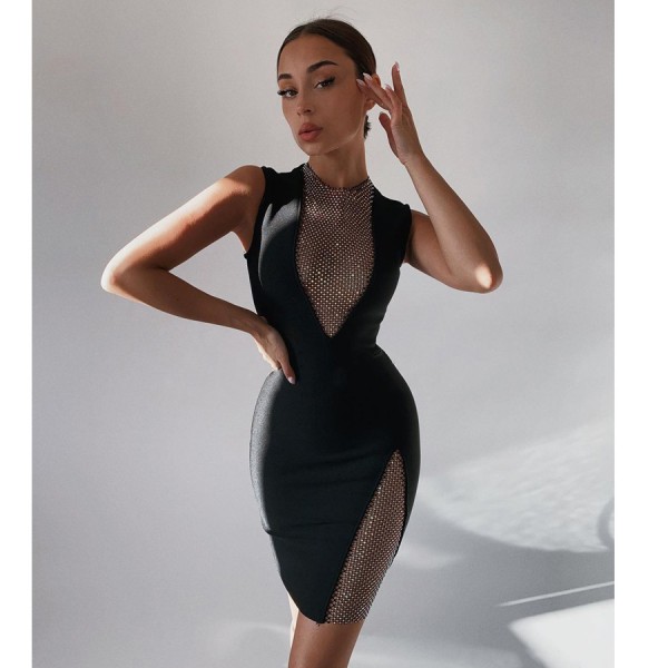 23 New Foreign Trade Station Fashion INS Sexy Celebrity Slim Fit Mesh Diamond Bandage Dress Bandage Dress