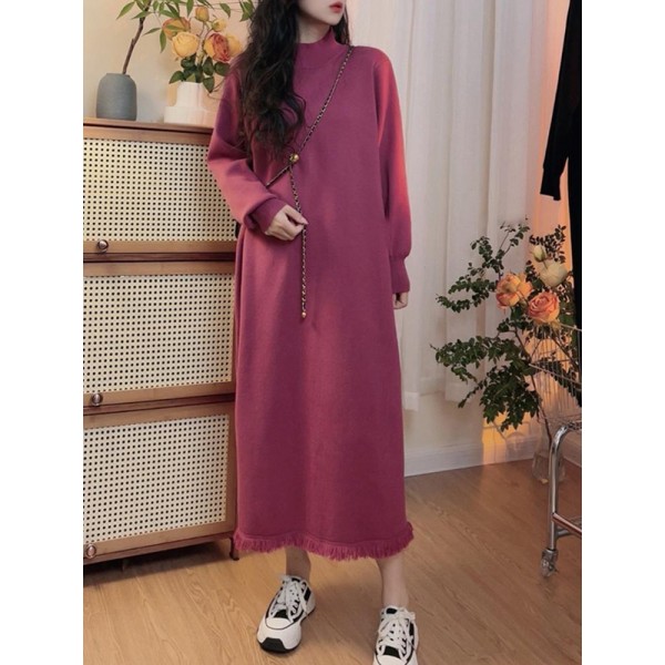 Knitted Woolen Dress For Women 2023 New Autumn/winter Korean Version Loose Fitting Half High Neck Dress With Tassels And Bottom Skirt Trend