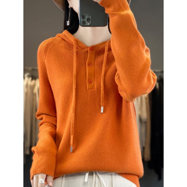 New 2023 Autumn Korean Edition Simple Three Button Hooded Knitted Sweater Sweater Loose Versatile Knitted Sweater