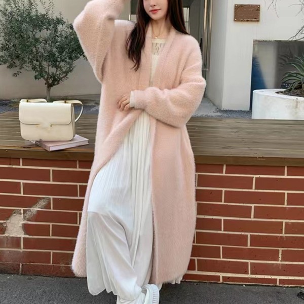 Autumn And Winter Over Knee Imitation Mink Fleece Knitted Cardigan Women's Korean Version Loose Mid Length Slouchy Soft Glutinous Sweater Coat Women