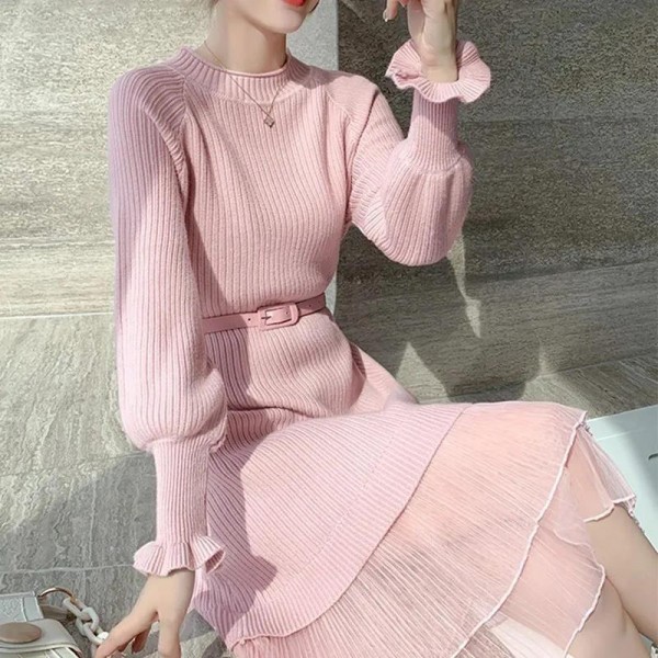 New Knitted Dress For Women's Autumn And Winter Mid Length Mesh Waist Wrap Show Thin Temperament Half High Collar Underlay Woolen Dress