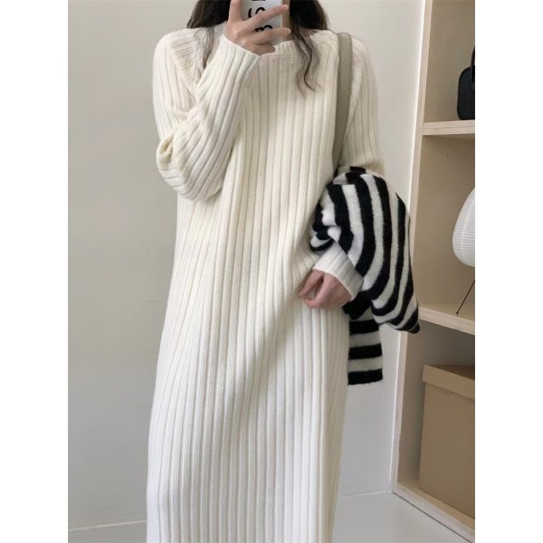 Korean Soft Glutinous Round Neck Pit Striped Knitted Dress For Women's Autumn And Winter New Slim Over Knee Clear Color Bottom Skirt With Coat