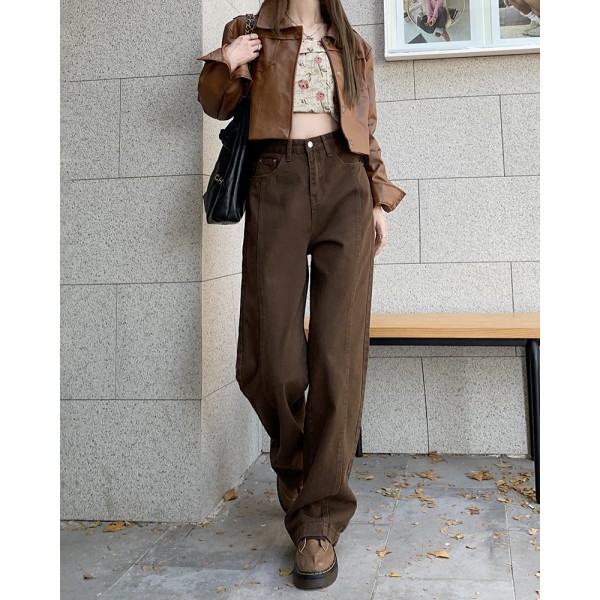 Real Time Shoot Of Maillard Color Jeans For Women In Autumn, High Waisted, Slim, Loose Fitting, Straight Leg, Wide Leg, And Floor Mop Pants Trend