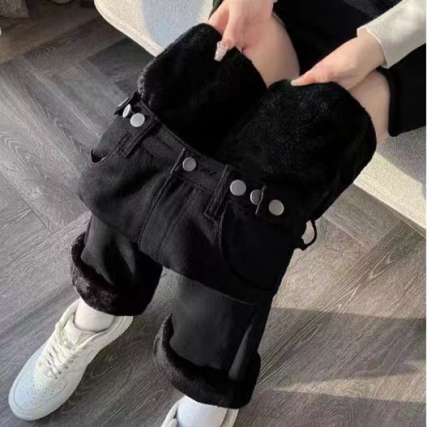 Thickened Wide Leg Jeans For Women In Winter 2023, High Waisted, Loose And Slimming, With A Warm, Straight Leg Pants And Plush Pants