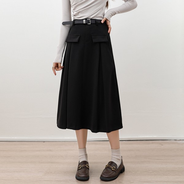 Maillard Woolen Half Skirt, Women's Half Skirt, Autumn And Winter Slim, High Waisted, Medium Length Woolen A-Line Work Dress, Pleated Skirt