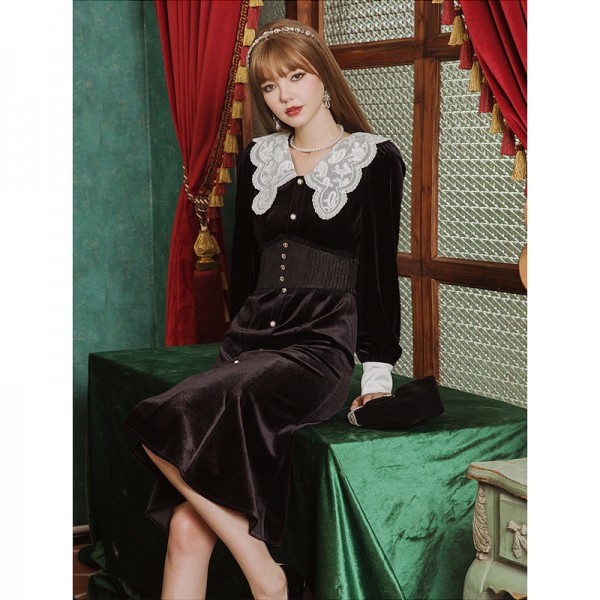 (Spot) Xinhe Aiwei 2023 Autumn New Women's Dress Goddess Fan Qingshu Celebrity Embroidered Velvet Dress