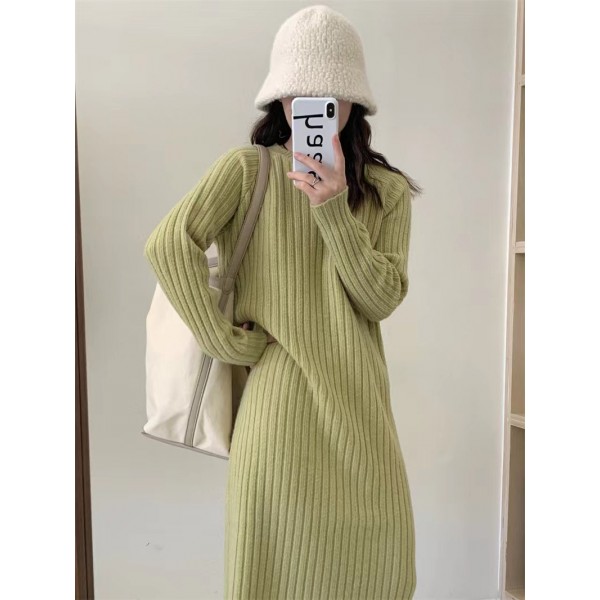 Korean Soft Glutinous Round Neck Pit Striped Knitted Dress For Women's Autumn And Winter New Slim Over Knee Clear Color Bottom Skirt With Coat