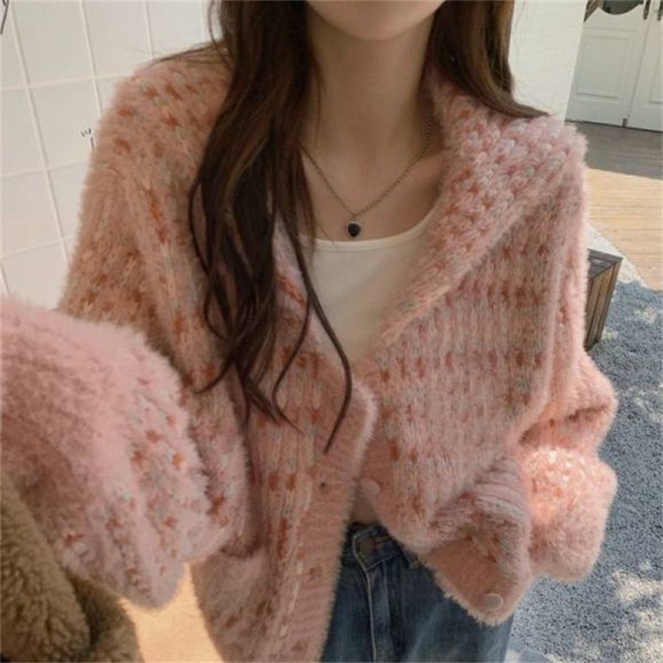 Knitted Sweater Japanese Sweet Mohair Pink Sweater Women's Coat Autumn And Winter New Versatile Gentle And Lazy Style