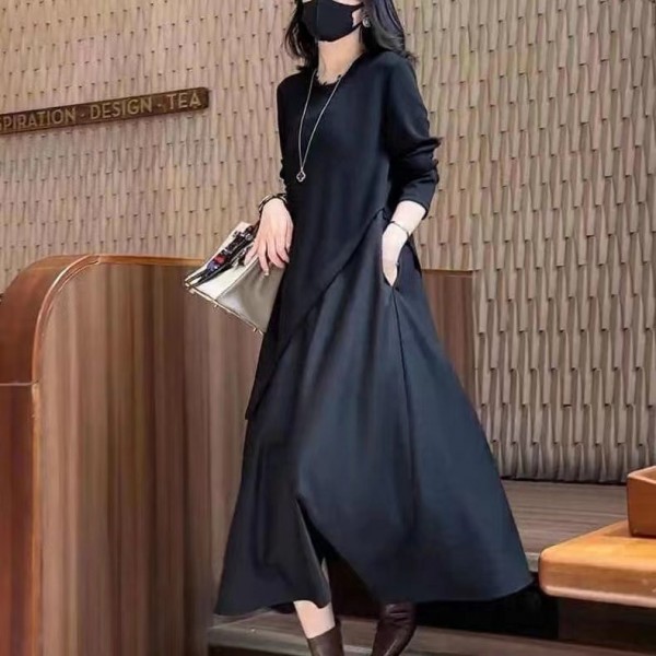 Pure Black French 2023 Autumn/Winter New Long Sleeve Spliced Fake Two Piece Dress Women's Round Neck Long A-Line Skirt