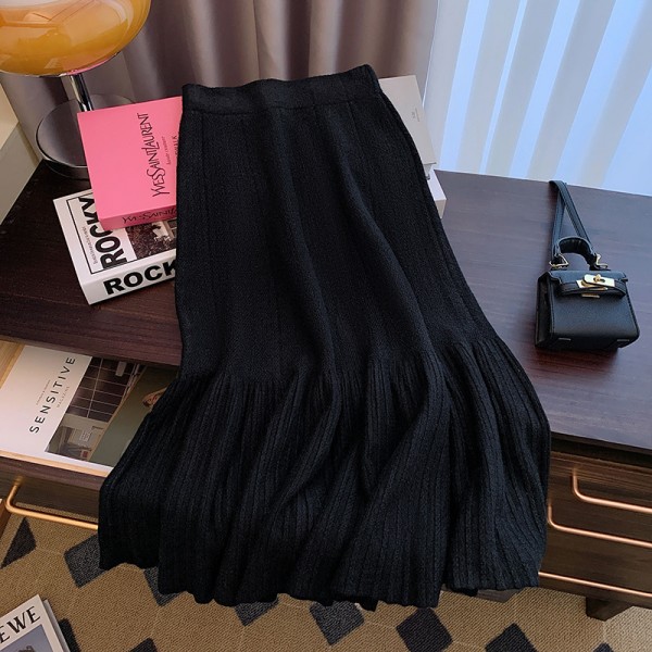 Retro Reduced Age Knitted Pleated Ruffled Half Length Skirt For Women In Autumn And Winter 2023, Slimming Large Swing Skirt, Mid Length A-Line Skirt