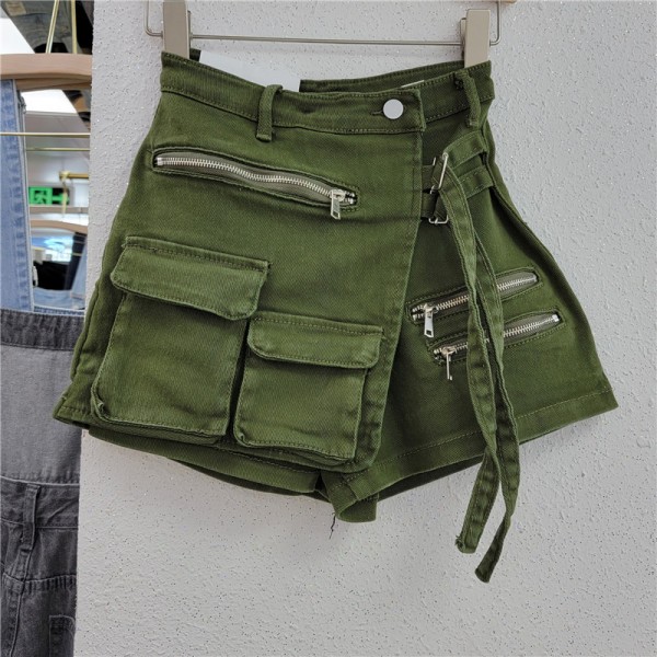 Korean Version Irregular Multi Pocket Work Suit A-Line Shorts Women's Loose Wide Leg Pants 2023 Spring/Summer New Denim Skirt Pants