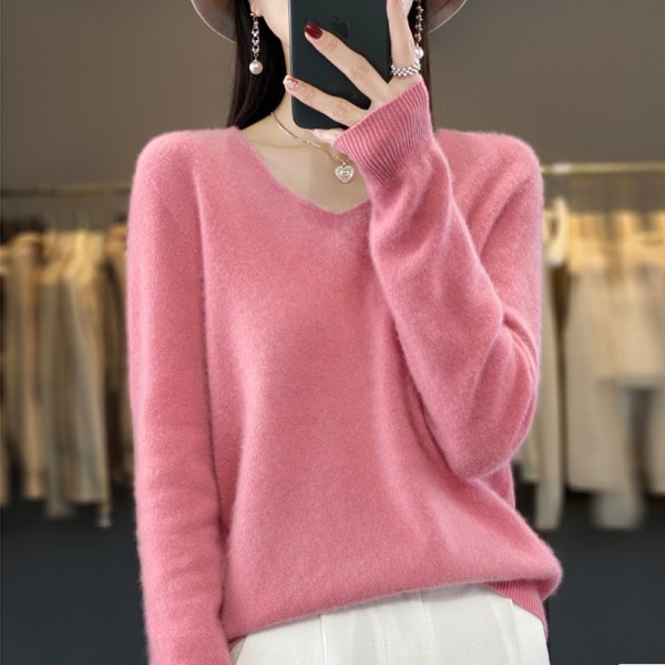 One Line Ready-To-Wear Pure Wool Sweater 2023 Autumn/Winter Women's V-Neck Loose Short Solid Color Cashmere Bottom Sweater Knitted Sweater