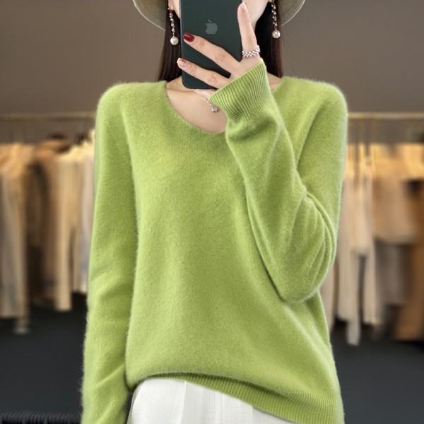 One Line Ready-To-Wear Pure Wool Sweater 2023 Autumn/Winter Women's V-Neck Loose Short Solid Color Cashmere Bottom Sweater Knitted Sweater